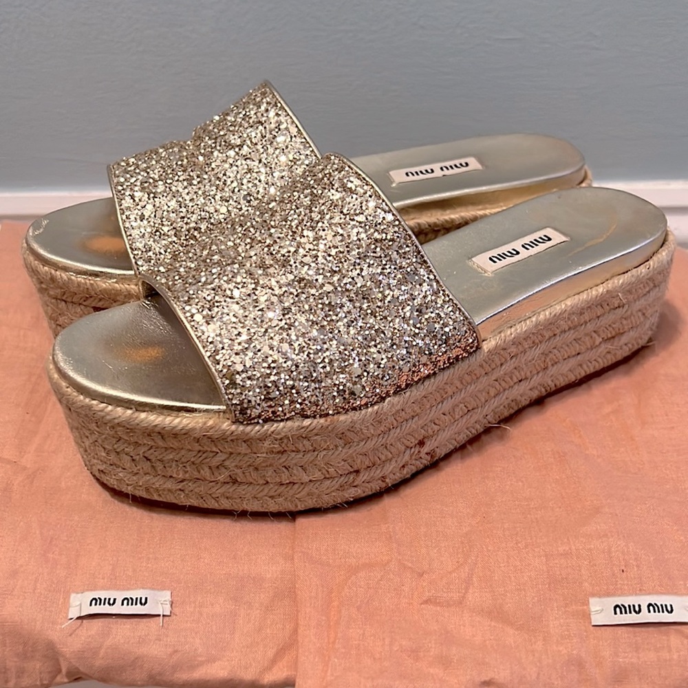 Miu Miu glitter and crystal platform sandals